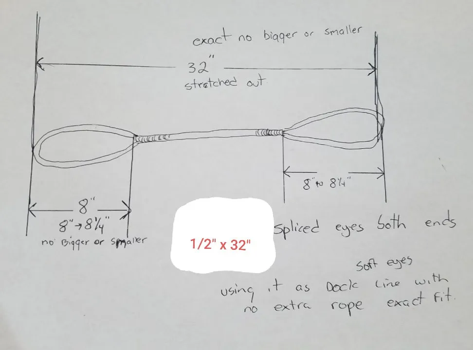 1/2" x 32" Three Strand dock line 100% Nylon Rope with soft eyes on both ends. (Tensile Strength 6.400 Lbs.)