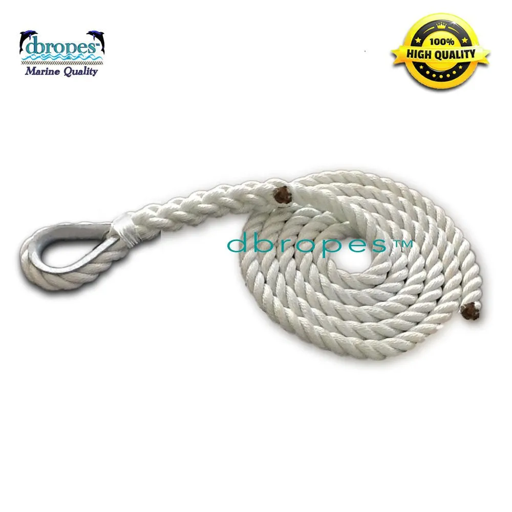 1/2" X 7.5' and 3/4" X 17.5' Three Strand Mooring Pendant 100% Nylon Rope with Galvanized Thimble and straight whip.