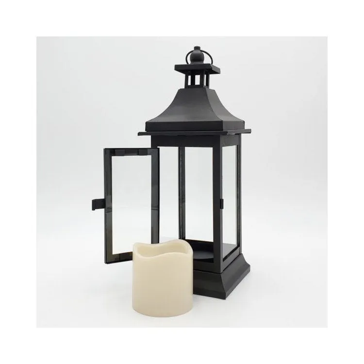13" Black Metal Lantern with Battery-Operated Candle and Timer