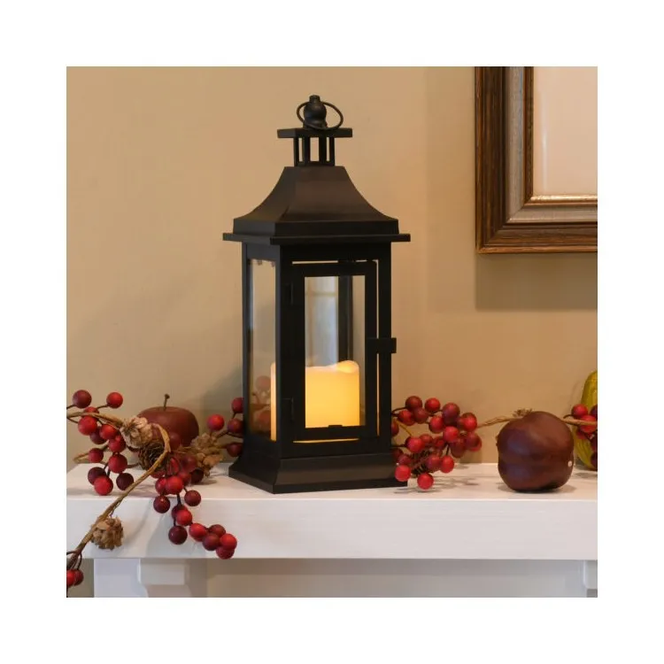 13" Black Metal Lantern with Battery-Operated Candle and Timer
