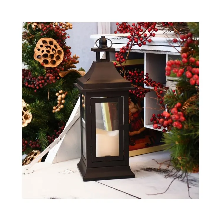 13" Black Metal Lantern with Battery-Operated Candle and Timer