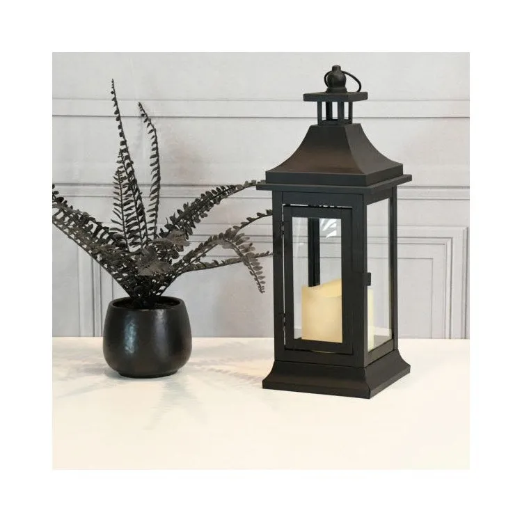 13" Black Metal Lantern with Battery-Operated Candle and Timer