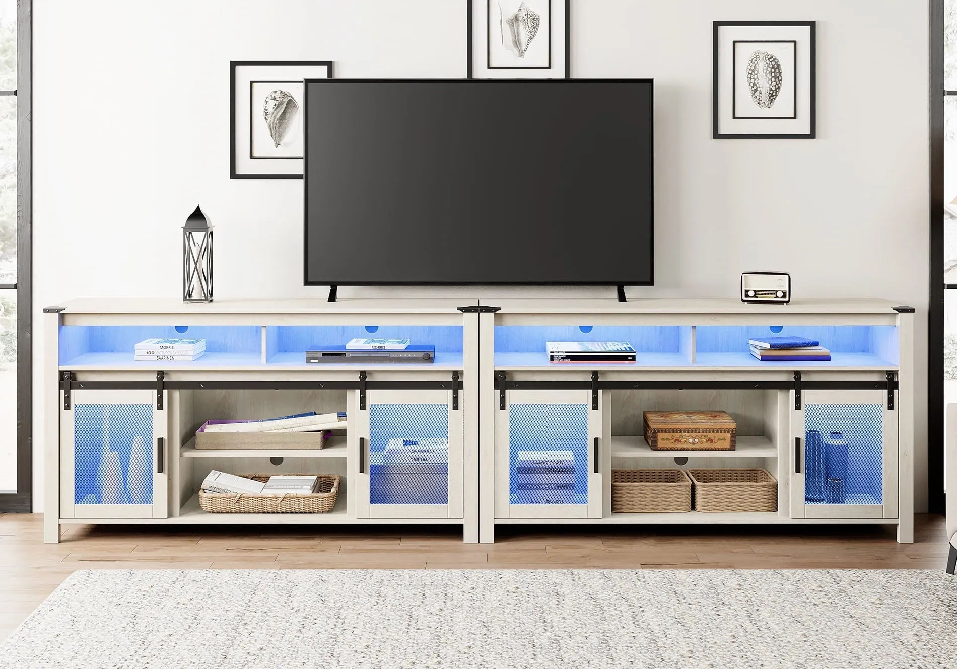 2-In-1 TV Stand for 100  Inch TV, Farmhouse & Industrial Media Entertainment Center w/Sliding Mesh Doors, Rustic TV Console w/Storage Shelves & Blue LED Lights for Living Room, Rustic White