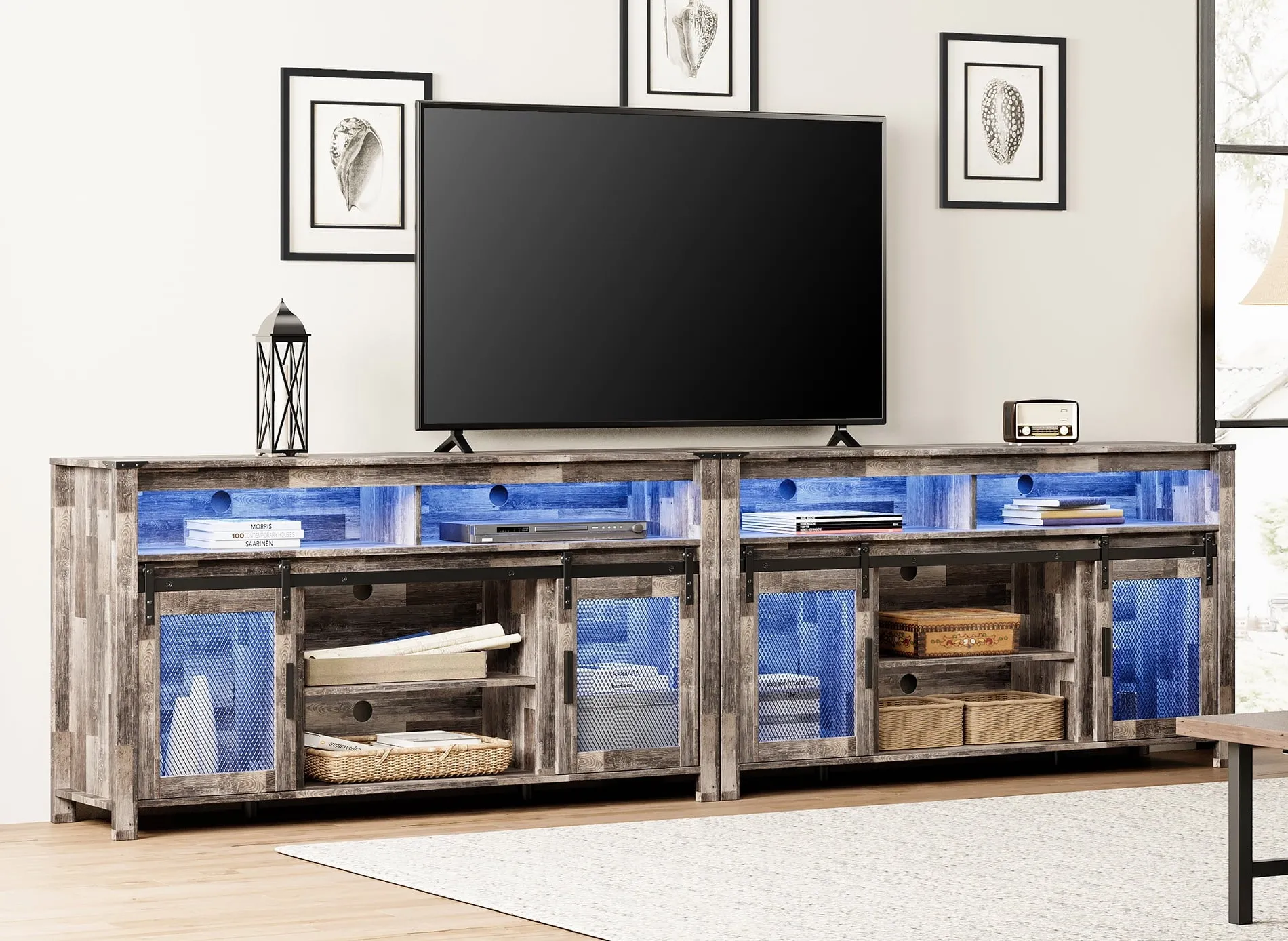 2-In-1 TV Stand for 100  Inch TV, Farmhouse & Industrial Media Entertainment Center w/Sliding Mesh Doors, Rustic TV Console w/Storage Shelves & Blue LED Lights for Living Room, Rustic White