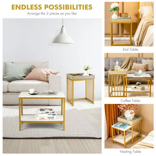 2 Pieces Nesting Coffee Table Set for Living Room-White
