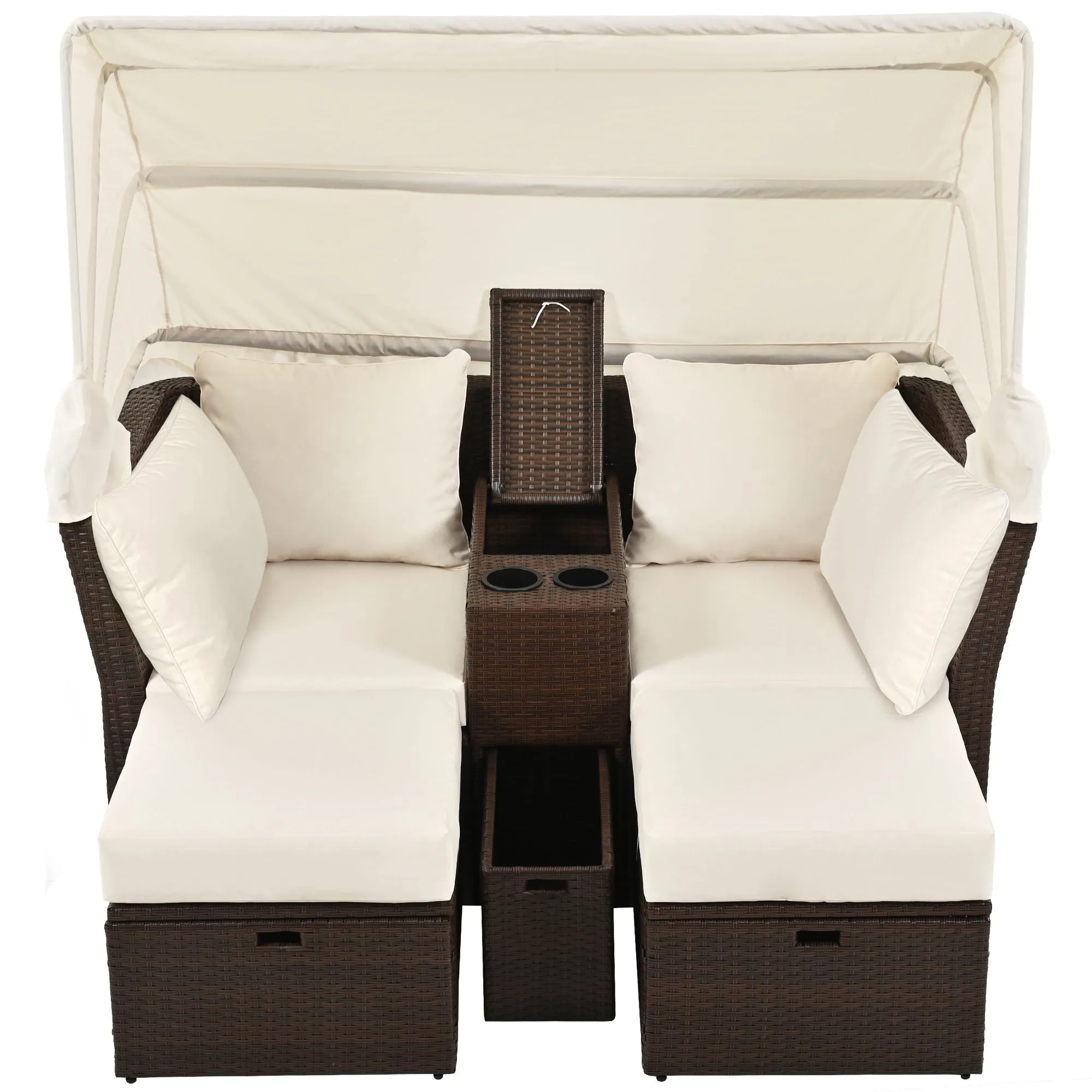 2 Seater Outdoor Patio Daybed Outdoor Double Daybed Outdoor Loveseat Sofa Set With Foldable Awning And Cushions For Garden, Balcony, Poolside