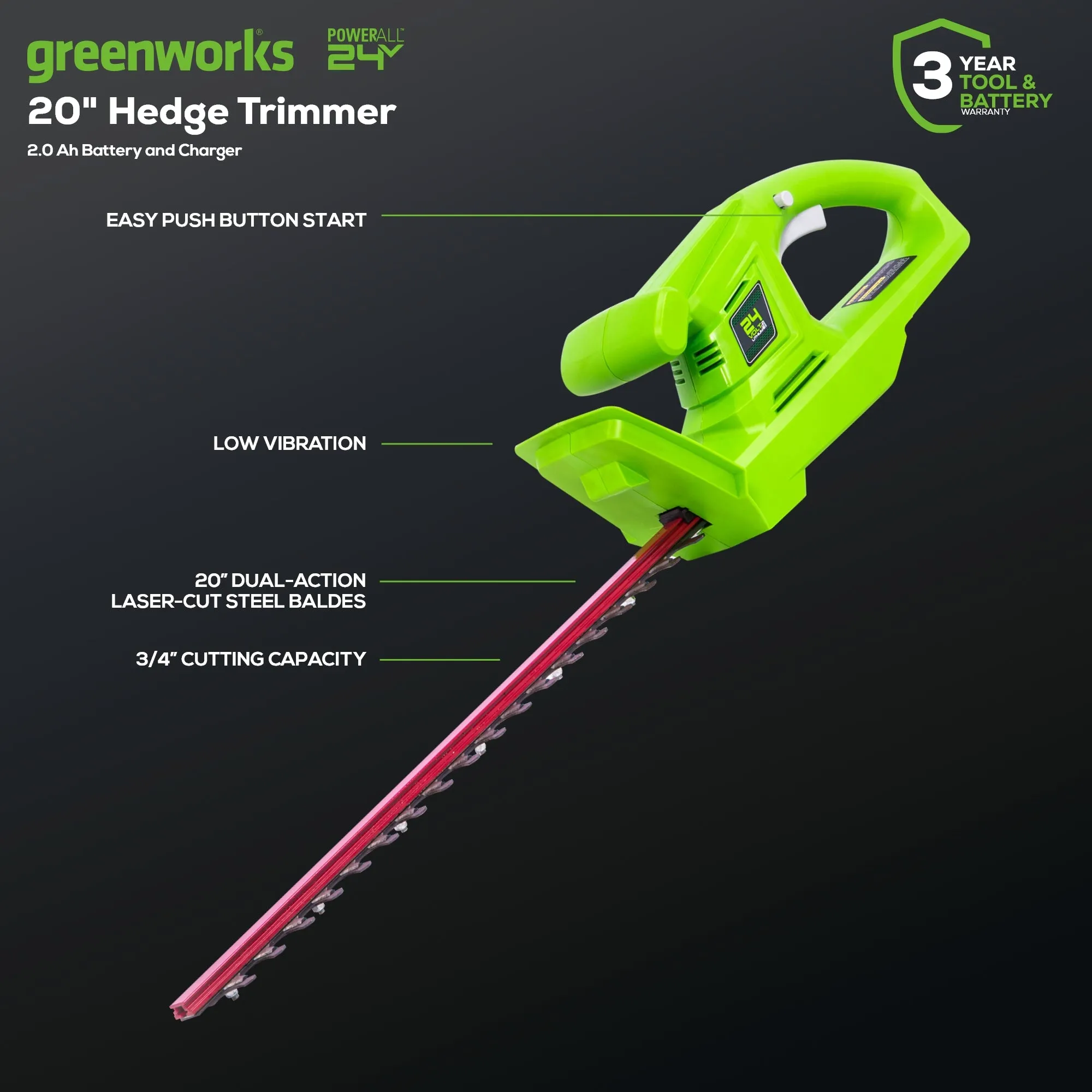 24V 20" Cordless Battery Hedge Trimmer w/ 2.0Ah Battery & Charger