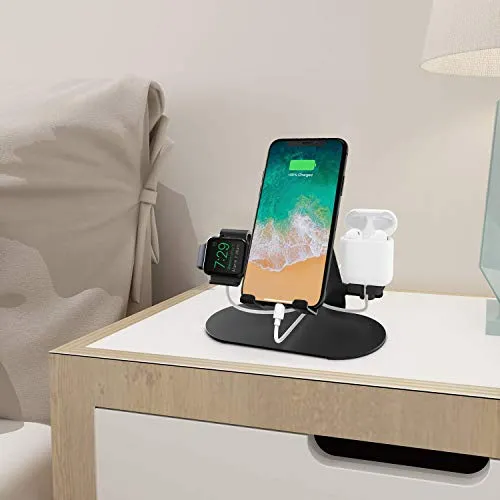 3 in 1 Aluminum Charging Station for Apple Watch Charger Stand Dock for iWatch Series 4/3/2/1,iPad,AirPods and iPhone Xs/X Max/XR/X/8/8Plus/7/7 Plus /6S /6S Plus（Black）