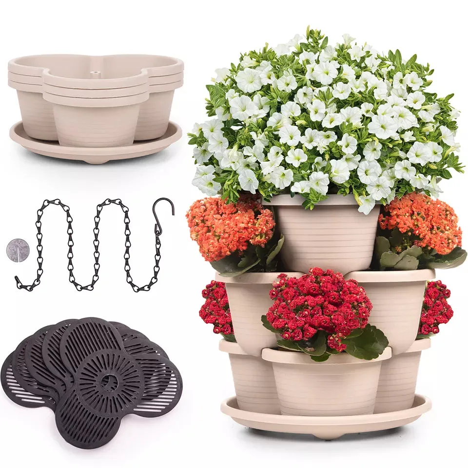 3 Tier Vertical Stackable Planter for Flowers Herbs Vegetables-White