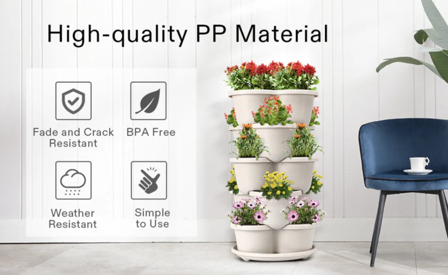 3 Tier Vertical Stackable Planter for Flowers Herbs Vegetables-White