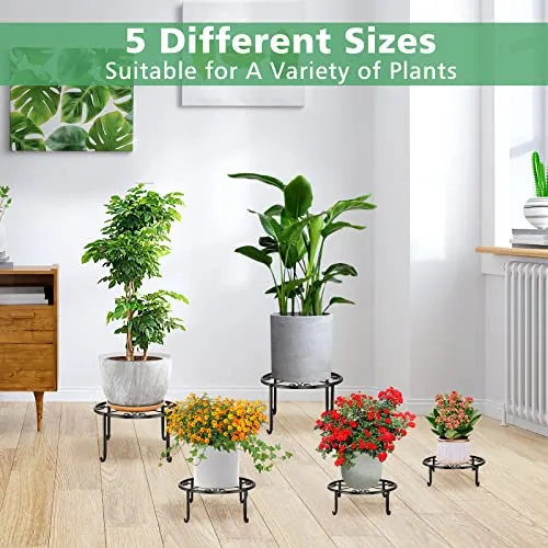 5 Pack Metal Plant Stand for Outdoor Indoor Plants, Heavy Duty Flower Pot Stands for Multiple Plant, Rustproof Iron Round Shelf for Planter, Potted Plant Holder for Garden Home (Black)