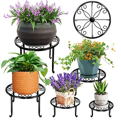 5 Pack Metal Plant Stand for Outdoor Indoor Plants, Heavy Duty Flower Pot Stands for Multiple Plant, Rustproof Iron Round Shelf for Planter, Potted Plant Holder for Garden Home (Black)