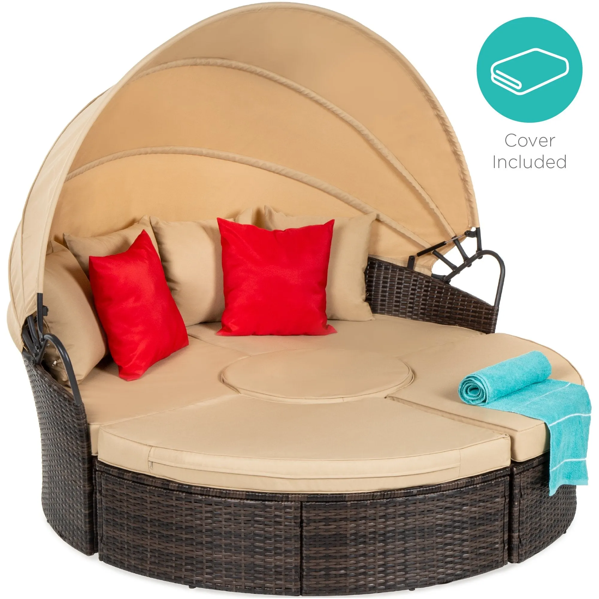 5-Piece 2-in-1 Wicker Daybed Sectional w/ Adjustable Seats, Canopy, Cover