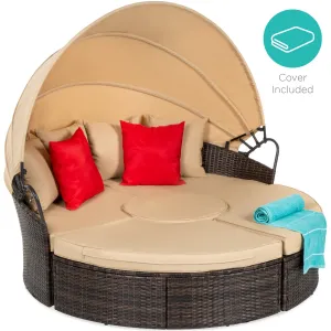 5-Piece 2-in-1 Wicker Daybed Sectional w/ Adjustable Seats, Canopy, Cover