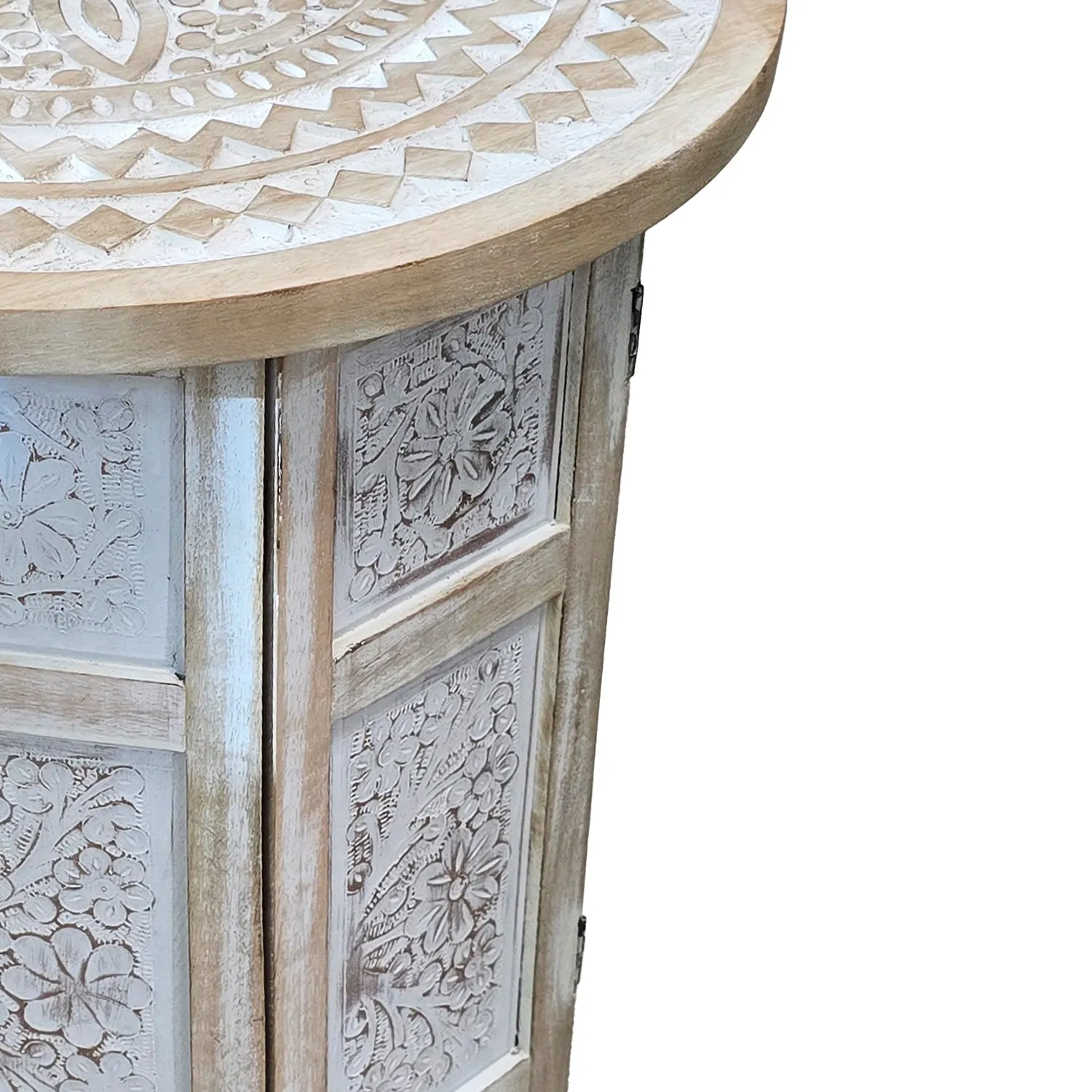 Accent Side Table, Mango Wood 18 Inch Round Top, Hand Carved Inlay Mandala Design, Washed White