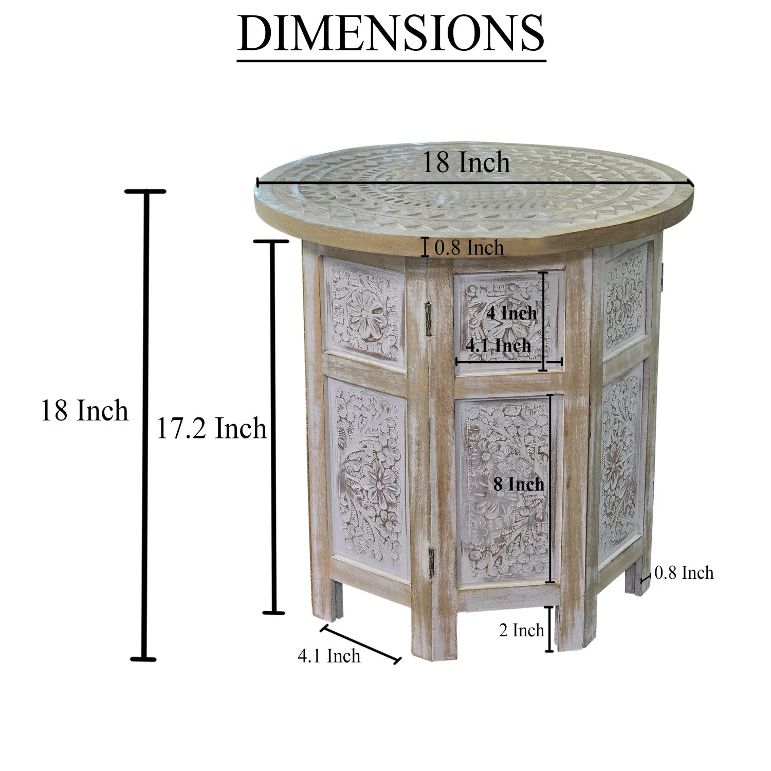 Accent Side Table, Mango Wood 18 Inch Round Top, Hand Carved Inlay Mandala Design, Washed White