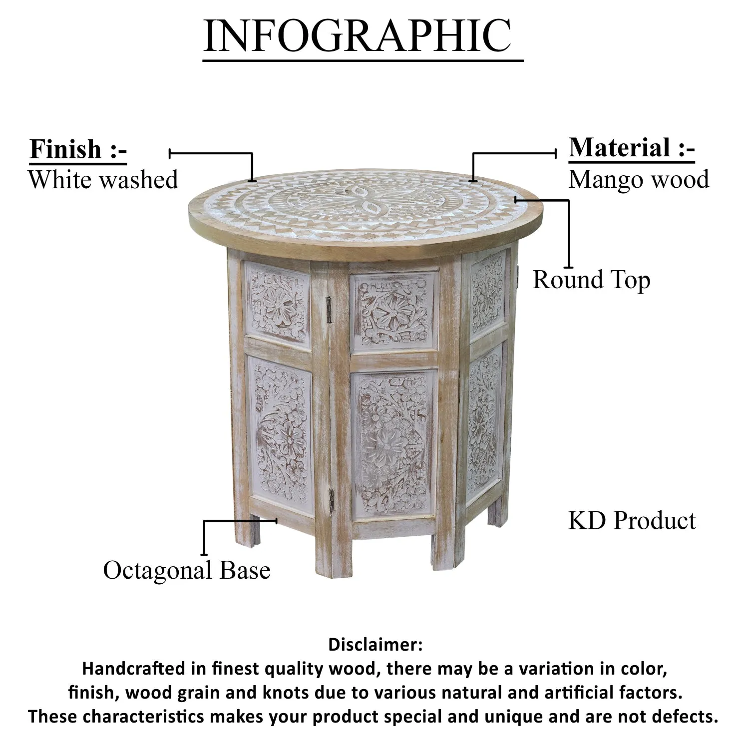 Accent Side Table, Mango Wood 18 Inch Round Top, Hand Carved Inlay Mandala Design, Washed White