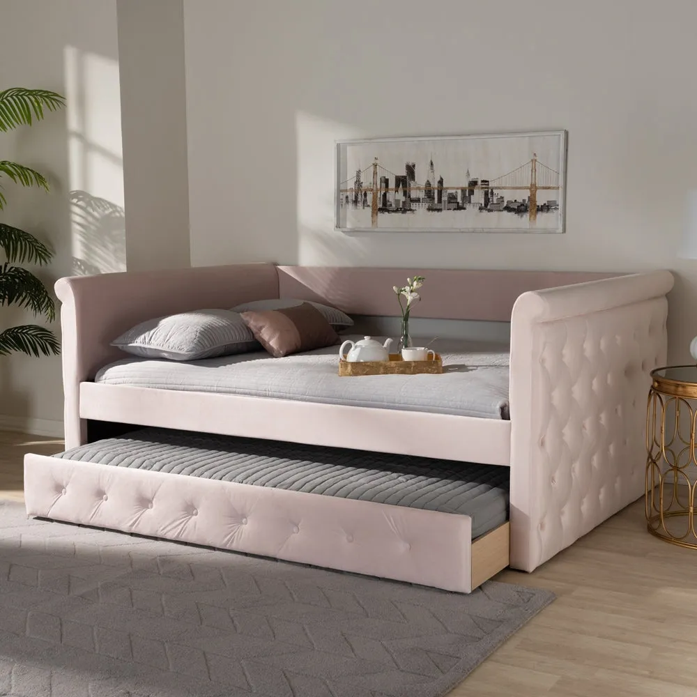 Amaya Light Pink Velvet Fabric Upholstered Full Size Daybed With Trundle