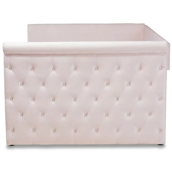 Amaya Light Pink Velvet Fabric Upholstered Full Size Daybed With Trundle