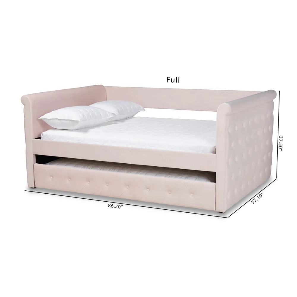 Amaya Light Pink Velvet Fabric Upholstered Full Size Daybed With Trundle