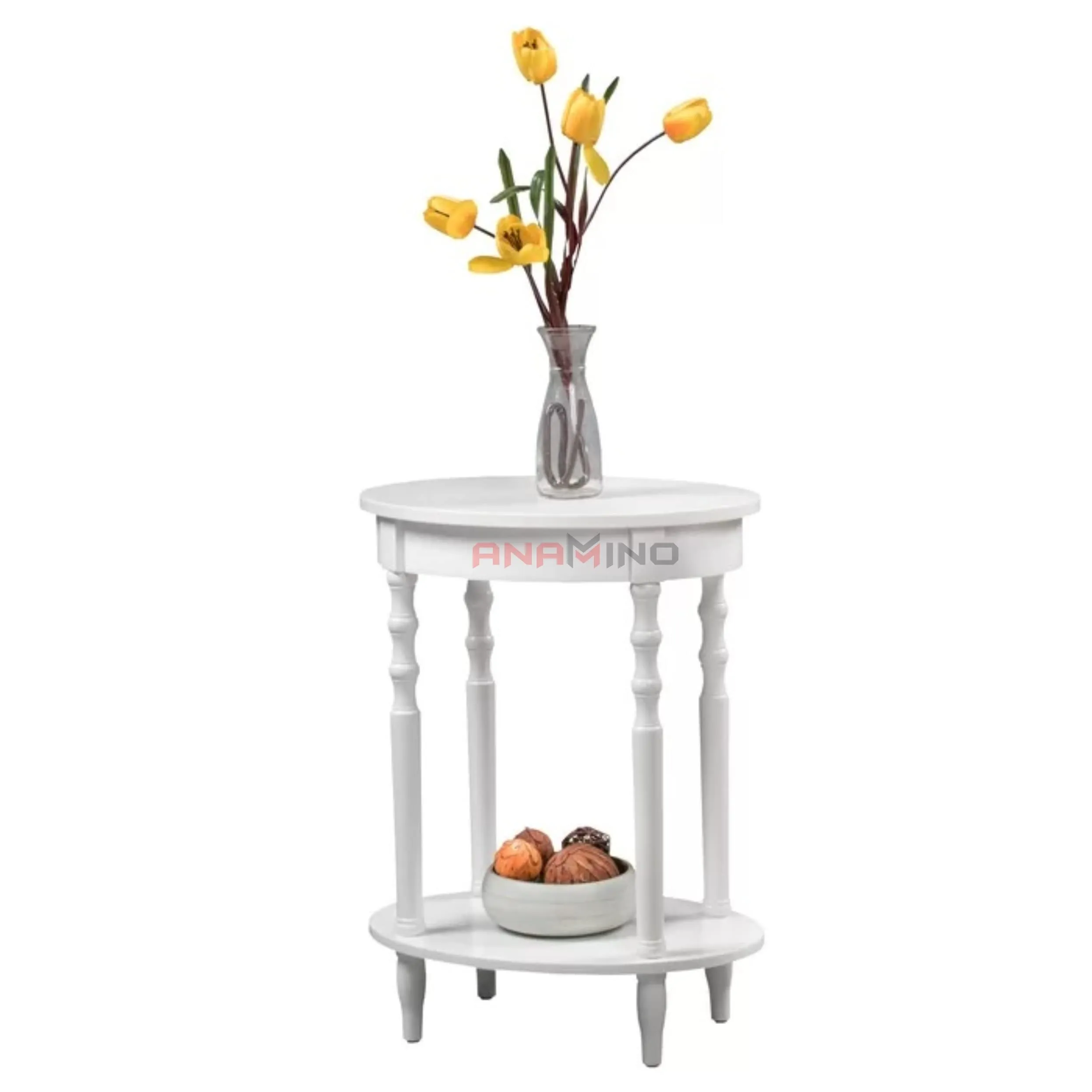 Anamino Shoppee Round End Table, Small Side Table for Small Spaces, 2-Tier End Table Wooden Side Table, Mid Century Modern Coffee Table,Easy Assembly-White