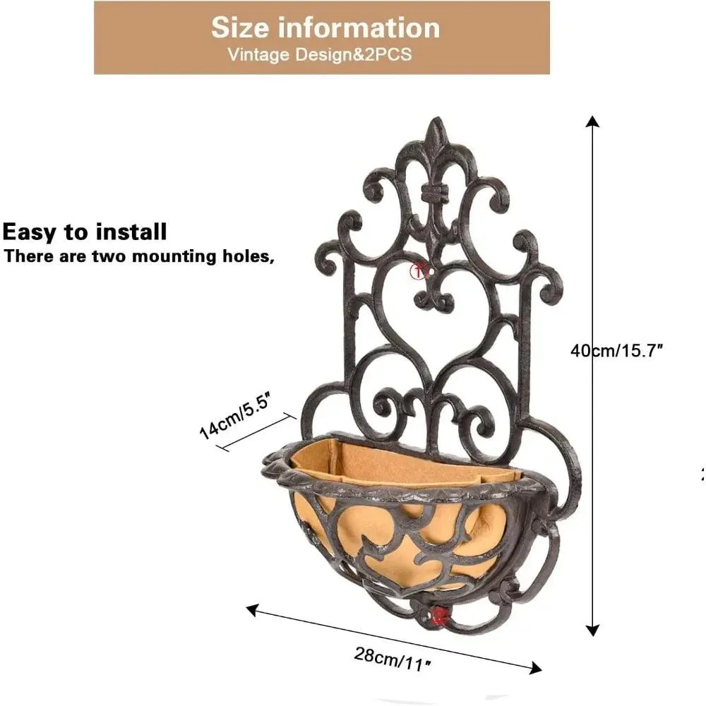 Antique-Style Brown Cast Iron Wall Planters - Set of 2