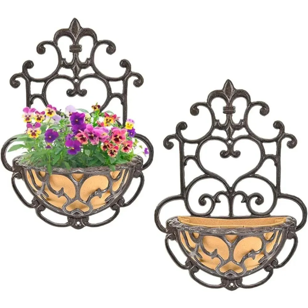 Antique-Style Brown Cast Iron Wall Planters - Set of 2