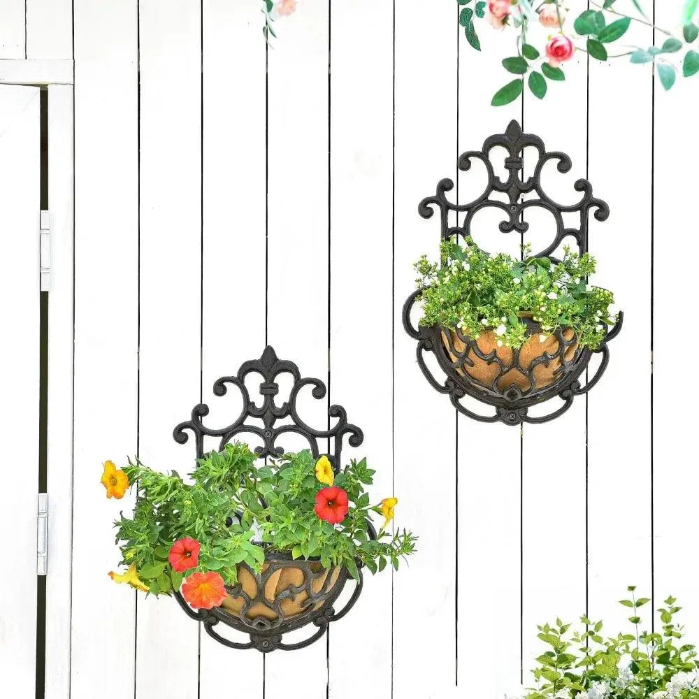 Antique-Style Brown Cast Iron Wall Planters - Set of 2