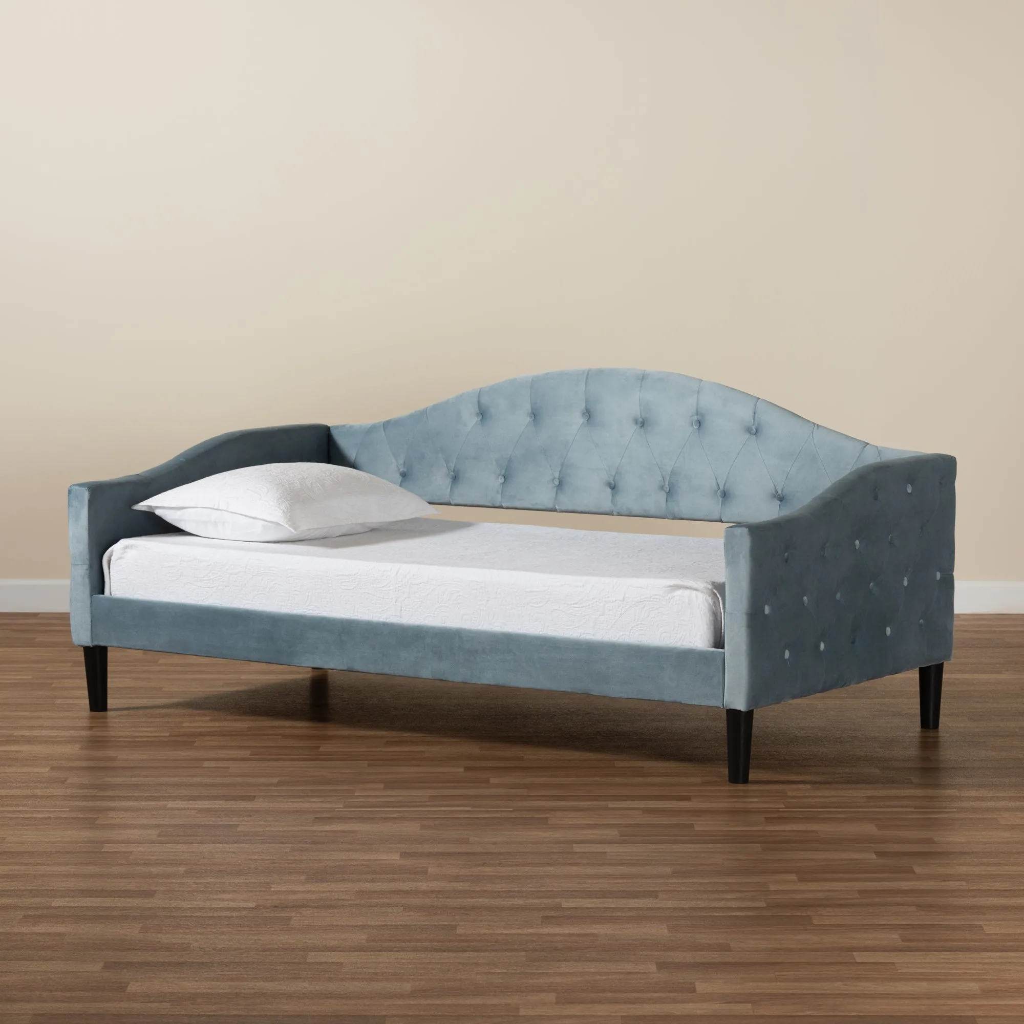 Baxton Studio Benjamin Modern and Contemporary Light Blue Velvet Fabric Upholstered and Dark Brown Finished Wood Full Size Daybed
