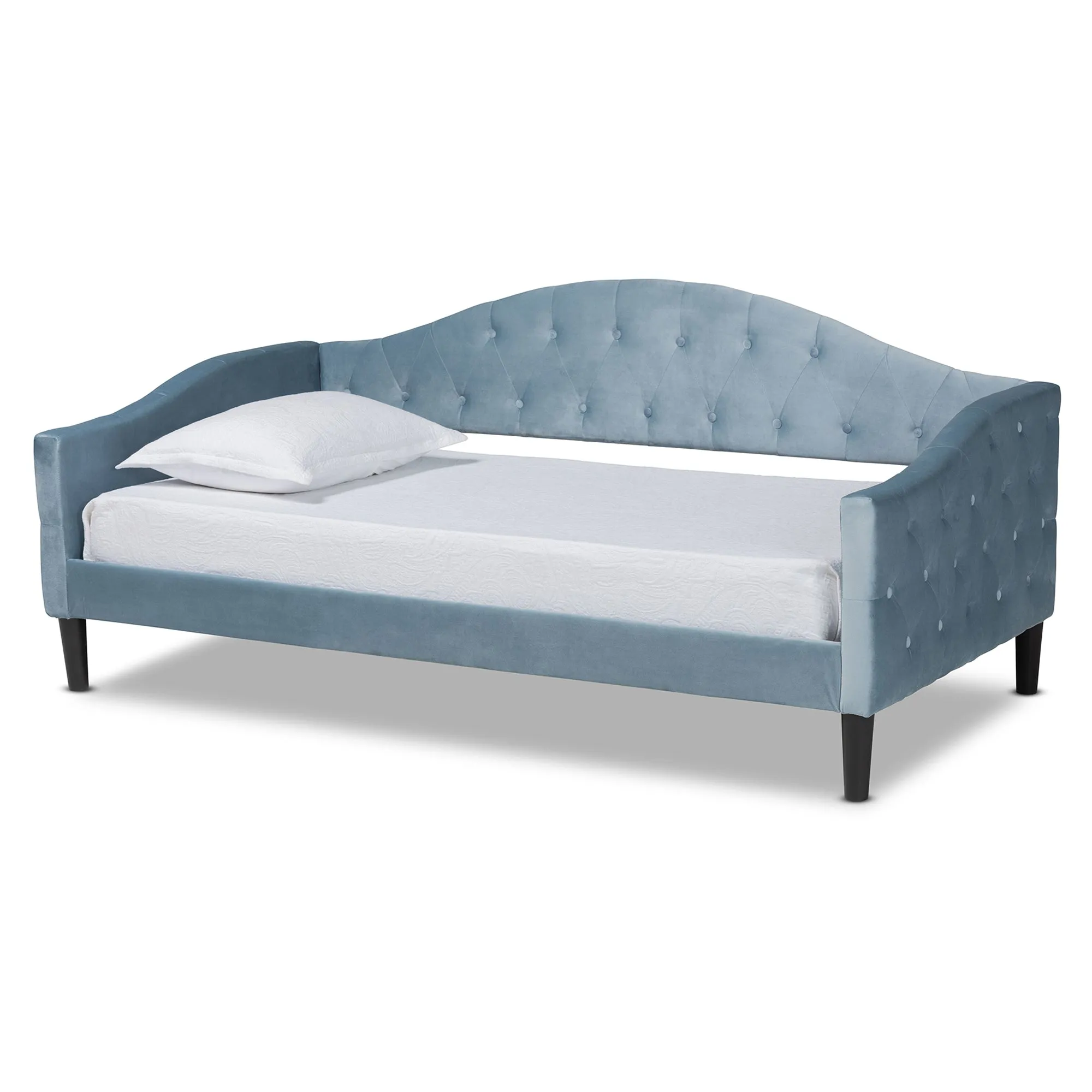 Baxton Studio Benjamin Modern and Contemporary Light Blue Velvet Fabric Upholstered and Dark Brown Finished Wood Full Size Daybed