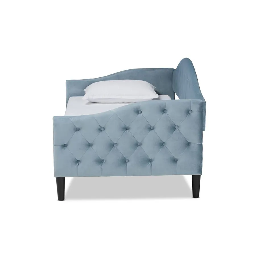 Baxton Studio Benjamin Modern and Contemporary Light Blue Velvet Fabric Upholstered and Dark Brown Finished Wood Twin Size Daybed