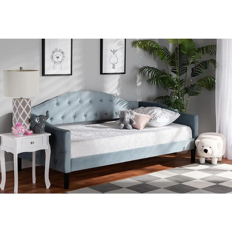 Baxton Studio Benjamin Modern and Contemporary Light Blue Velvet Fabric Upholstered and Dark Brown Finished Wood Twin Size Daybed