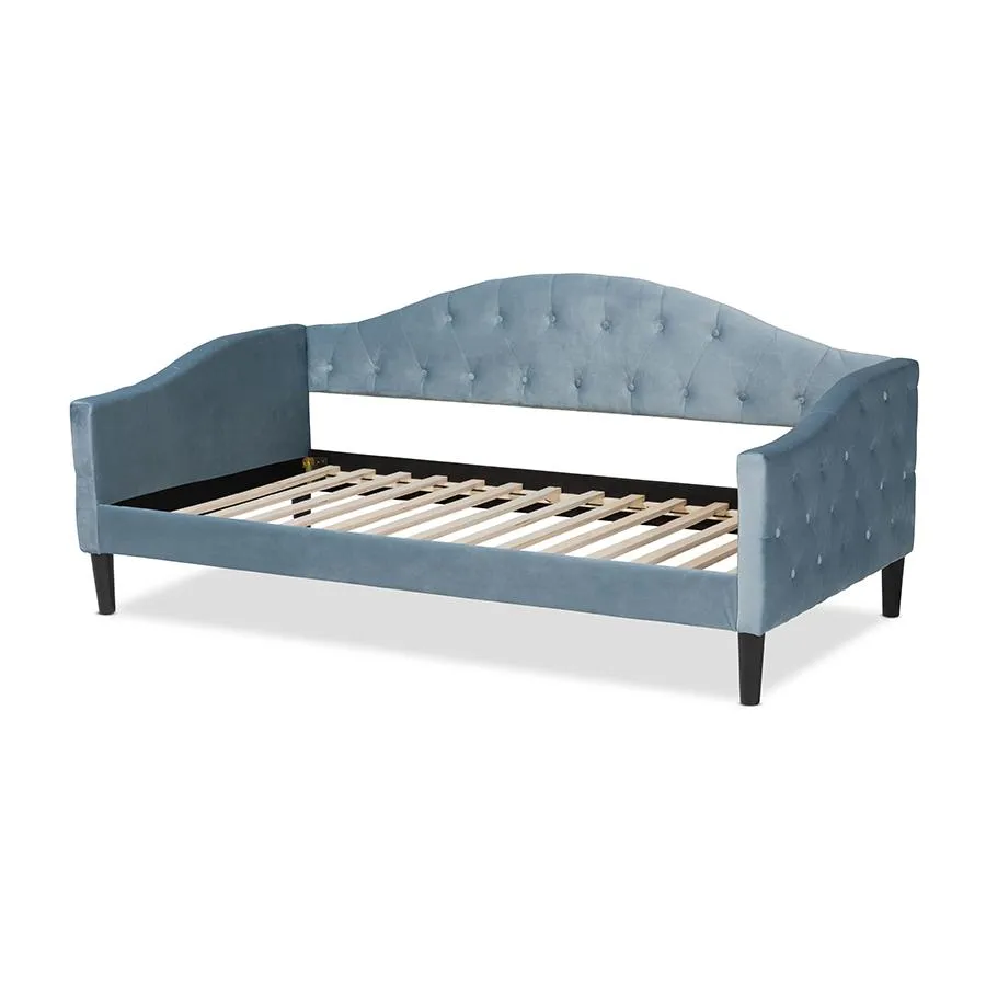 Baxton Studio Benjamin Modern and Contemporary Light Blue Velvet Fabric Upholstered and Dark Brown Finished Wood Twin Size Daybed