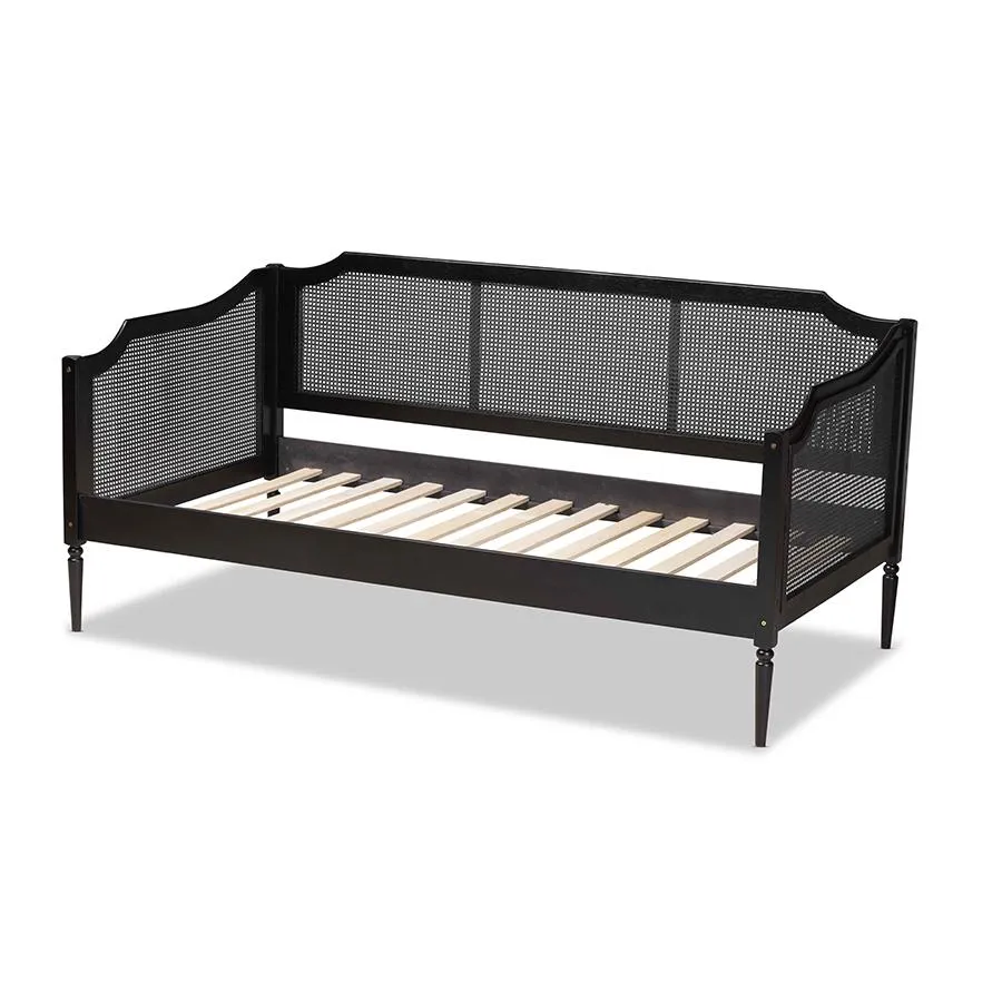 Baxton Studio Hancock Mid-Century Modern Charcoal Finished Wood and Synthetic Rattan Twin Size Daybed