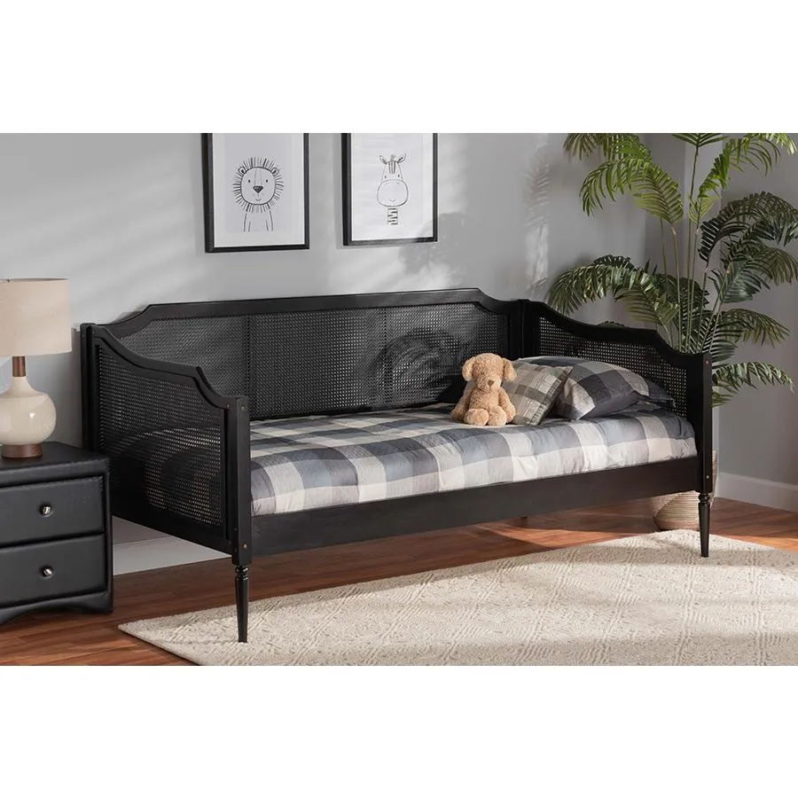 Baxton Studio Hancock Mid-Century Modern Charcoal Finished Wood and Synthetic Rattan Twin Size Daybed