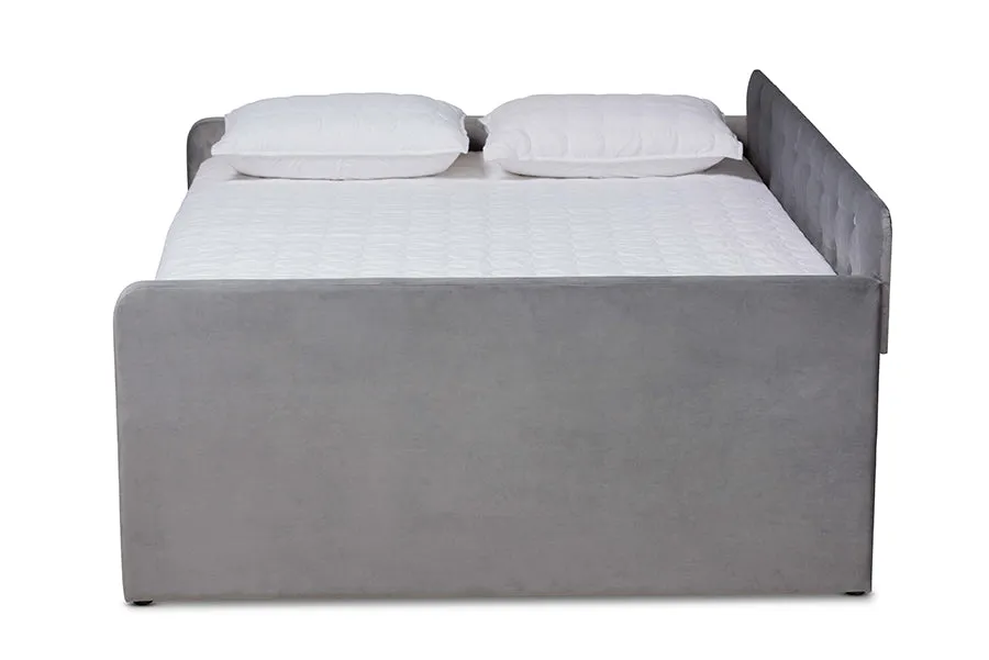 Baxton Studio Jona Modern and Contemporary Transitional Grey Velvet Fabric Upholstered and Button Tufted Full Size Daybed with Trundle