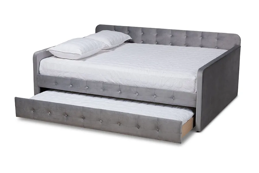 Baxton Studio Jona Modern and Contemporary Transitional Grey Velvet Fabric Upholstered and Button Tufted Full Size Daybed with Trundle
