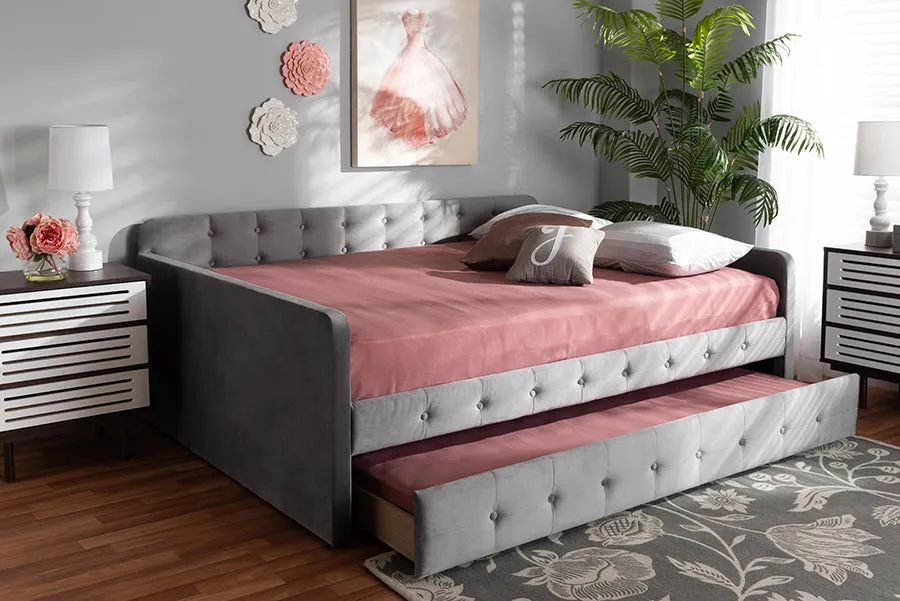 Baxton Studio Jona Modern and Contemporary Transitional Grey Velvet Fabric Upholstered and Button Tufted Full Size Daybed with Trundle