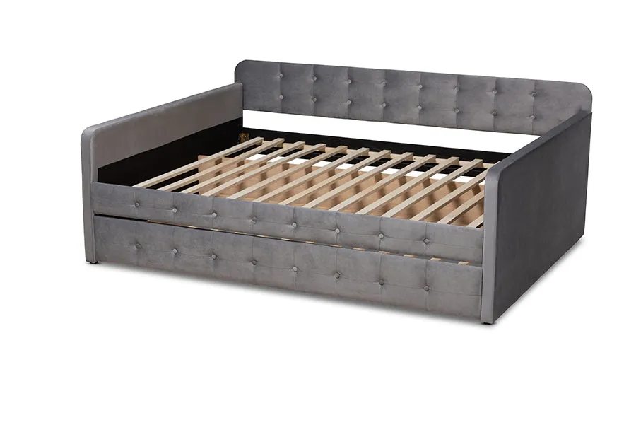 Baxton Studio Jona Modern and Contemporary Transitional Grey Velvet Fabric Upholstered and Button Tufted Full Size Daybed with Trundle