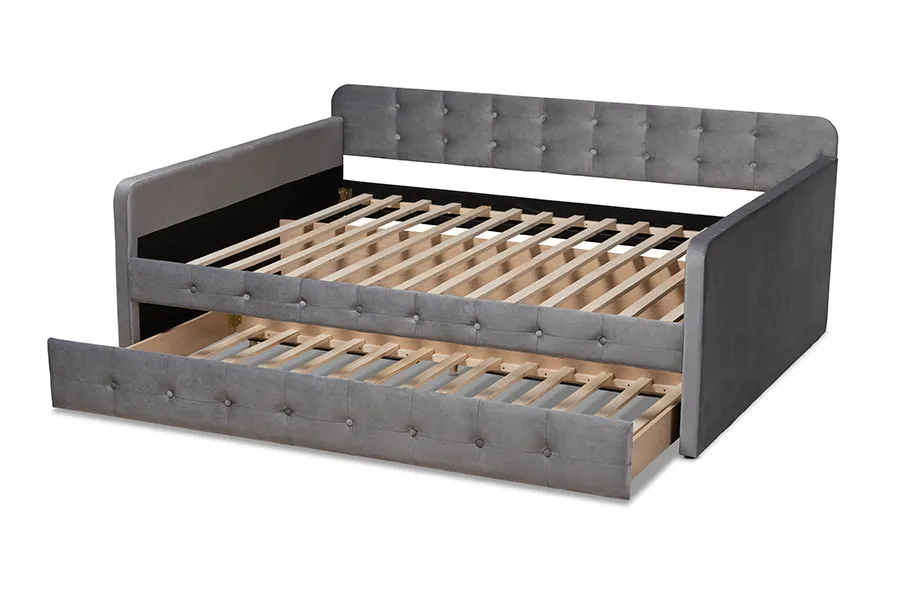 Baxton Studio Jona Modern and Contemporary Transitional Grey Velvet Fabric Upholstered and Button Tufted Full Size Daybed with Trundle