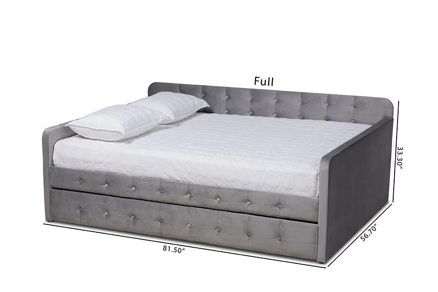 Baxton Studio Jona Modern and Contemporary Transitional Grey Velvet Fabric Upholstered and Button Tufted Full Size Daybed with Trundle