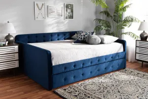 Baxton Studio Jona Modern and Contemporary Transitional Navy Blue Velvet Fabric Upholstered and Button Tufted Full Size Daybed with Trundle