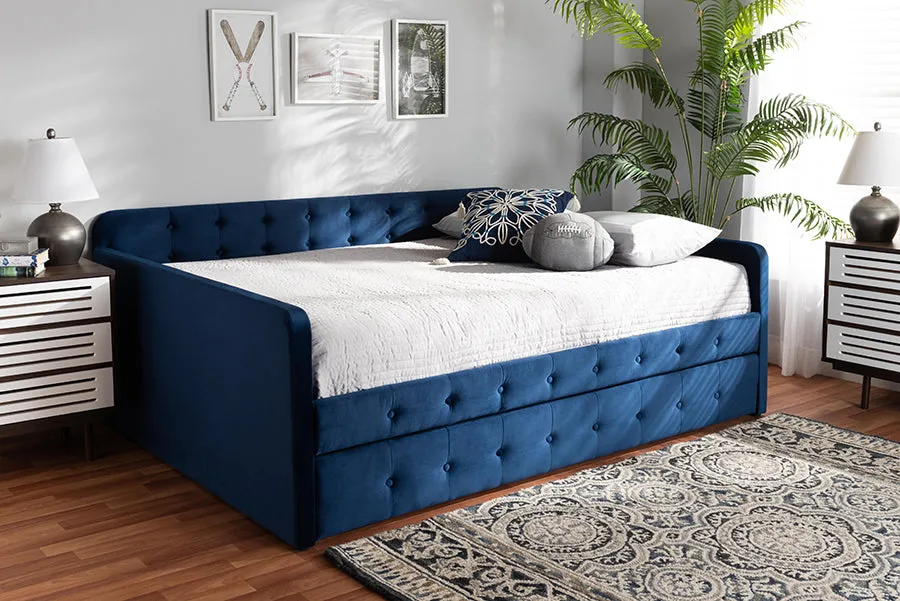 Baxton Studio Jona Modern and Contemporary Transitional Navy Blue Velvet Fabric Upholstered and Button Tufted Full Size Daybed with Trundle