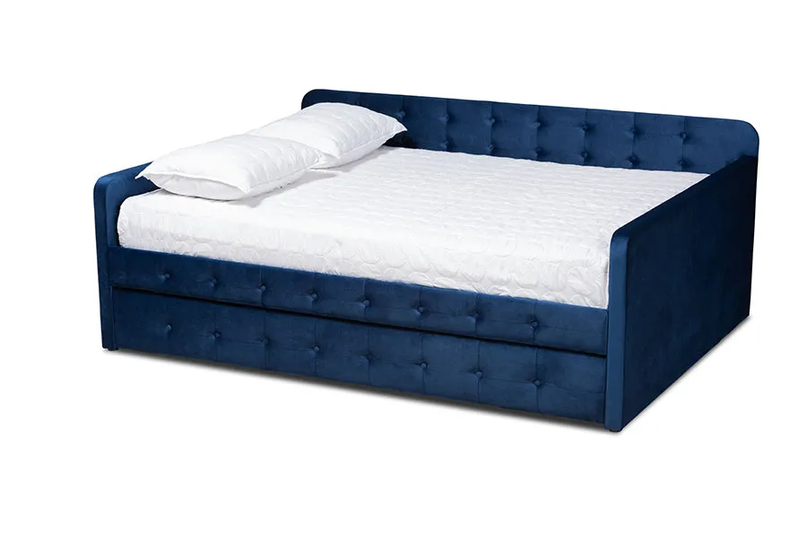 Baxton Studio Jona Modern and Contemporary Transitional Navy Blue Velvet Fabric Upholstered and Button Tufted Full Size Daybed with Trundle