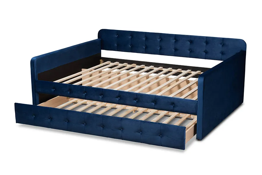 Baxton Studio Jona Modern and Contemporary Transitional Navy Blue Velvet Fabric Upholstered and Button Tufted Queen Size Daybed with Trundle