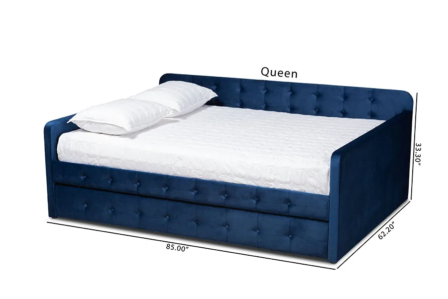 Baxton Studio Jona Modern and Contemporary Transitional Navy Blue Velvet Fabric Upholstered and Button Tufted Queen Size Daybed with Trundle