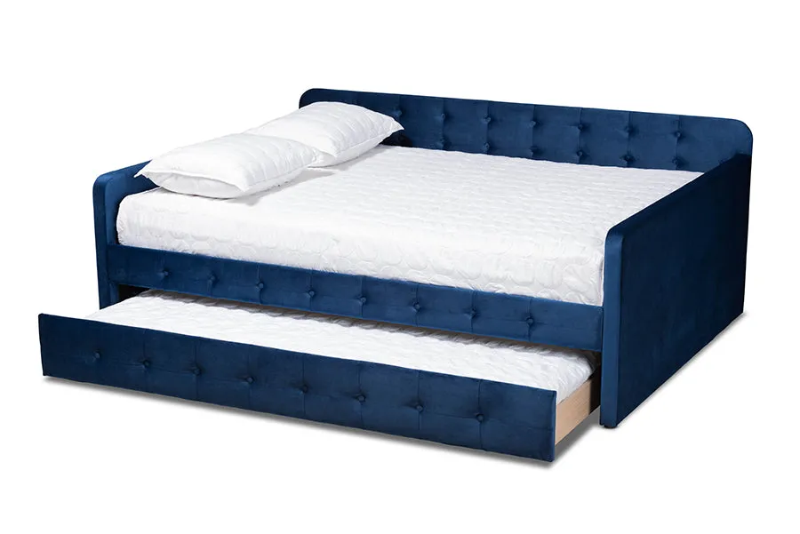 Baxton Studio Jona Modern and Contemporary Transitional Navy Blue Velvet Fabric Upholstered and Button Tufted Queen Size Daybed with Trundle