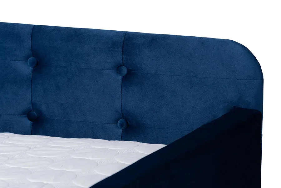 Baxton Studio Jona Modern and Contemporary Transitional Navy Blue Velvet Fabric Upholstered and Button Tufted Queen Size Daybed with Trundle