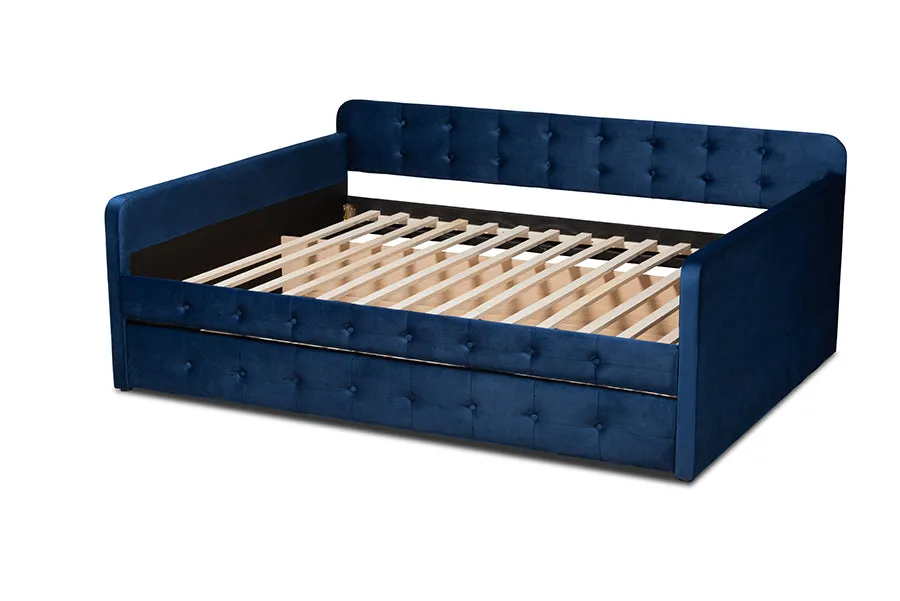Baxton Studio Jona Modern and Contemporary Transitional Navy Blue Velvet Fabric Upholstered and Button Tufted Queen Size Daybed with Trundle