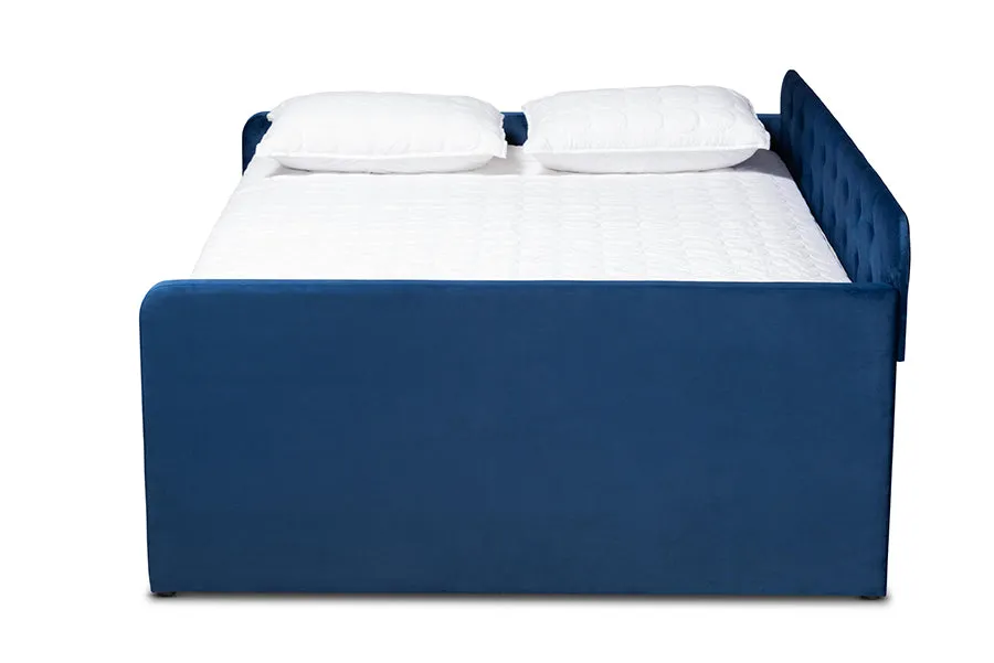 Baxton Studio Jona Modern and Contemporary Transitional Navy Blue Velvet Fabric Upholstered and Button Tufted Queen Size Daybed with Trundle